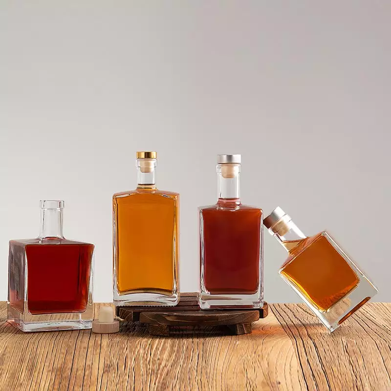 Base Material Glass Custom 500ml 750ml Square Wine Whisky Glass Bottle with Cork Cap