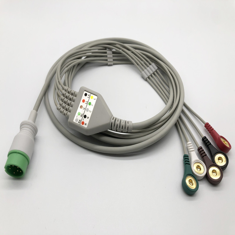 Zoncare Hwatime 2.6mm 6pin 5 Lead ECG Cable With Leadwires Snap