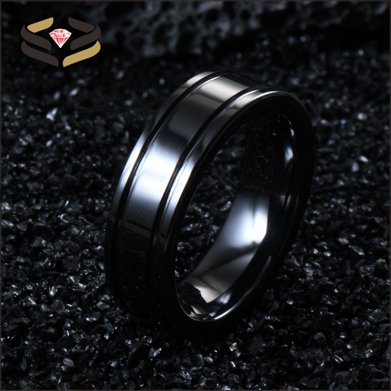 Geometric Black Ceramic Wedding Band Double Grooved Line 6mm For Men Women