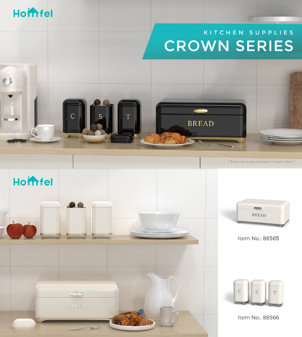 Square Kitchen Storage Bread Containers Crown Series Metal Bread Bin Set For Tea Can And Coffee Can