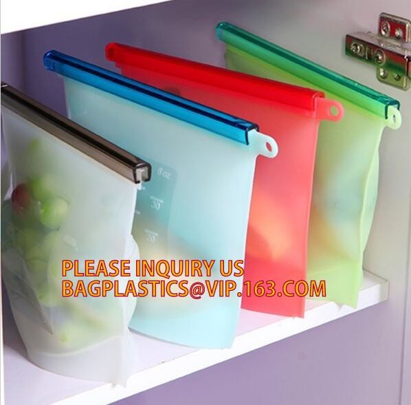 Storage preservation reusable silicone food bag,FDA reusable silicone storage food bag with Zip lockk in microwave bagease