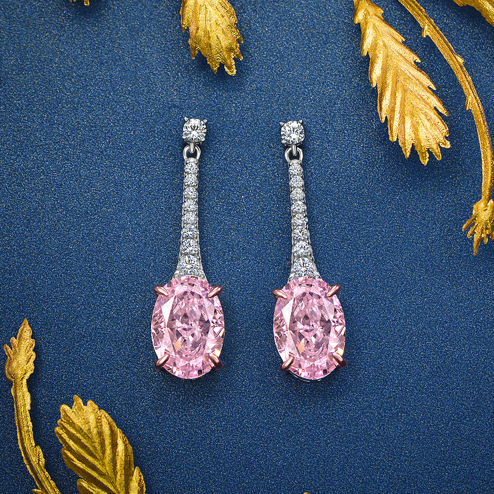 925 Sterling Silver Zircon Long Oval Earrings Customized Color