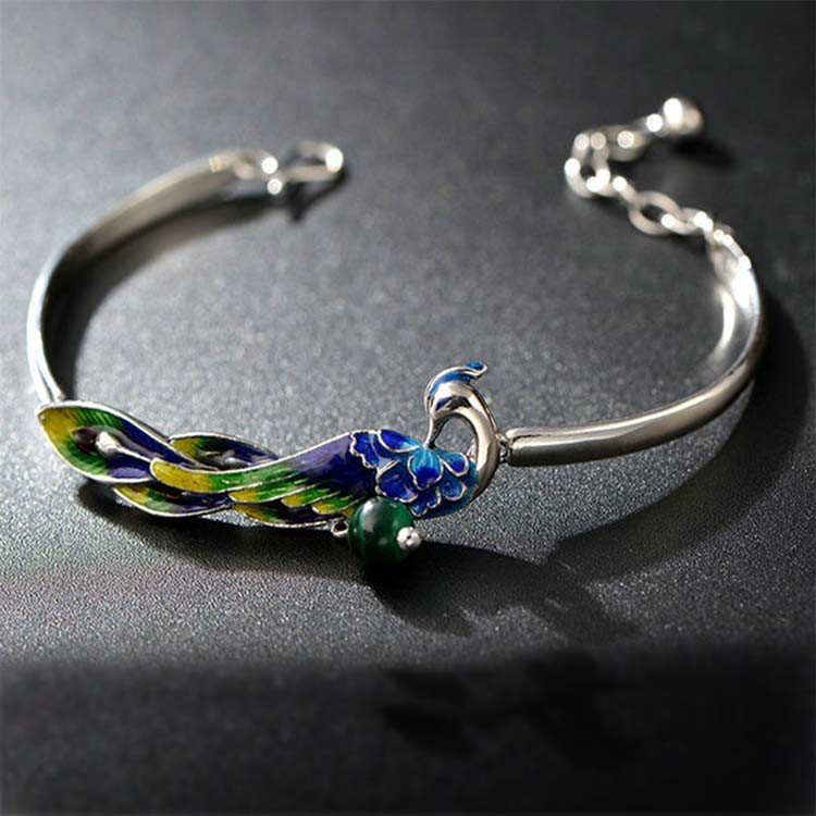 925 Sterling Silver Bangle Bracelet with Colorful Enamel Phoenix Charm (B6050601)