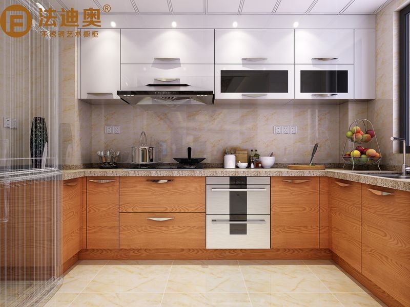 Fadior Short U-Shape Warm Wood Grain And White Kitchen Cabinet With Upward-Opening Door Design