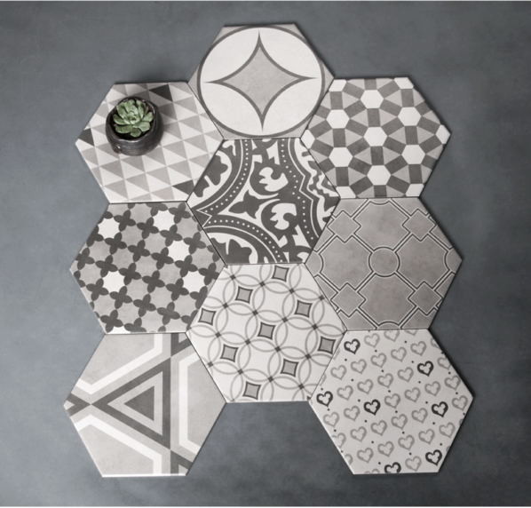 Black And White Hexagon 200x230mm Bathroom Ceramic Tile
