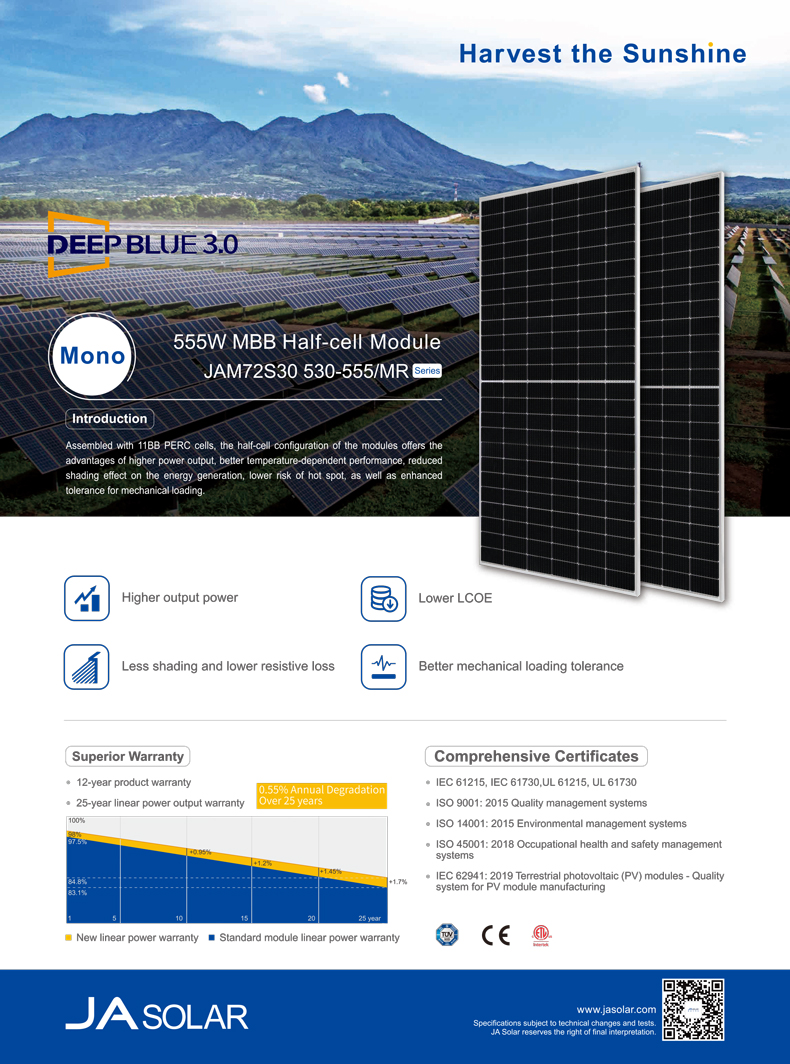 Mono Perc Half Cell Ja Solar Panel Pv Module Jam72s30-545/Mr 540w 545w 550w