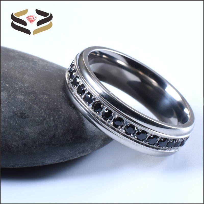 Women Titanium Wedding Rings 6mm With Black Cubic Zirconia Inlay