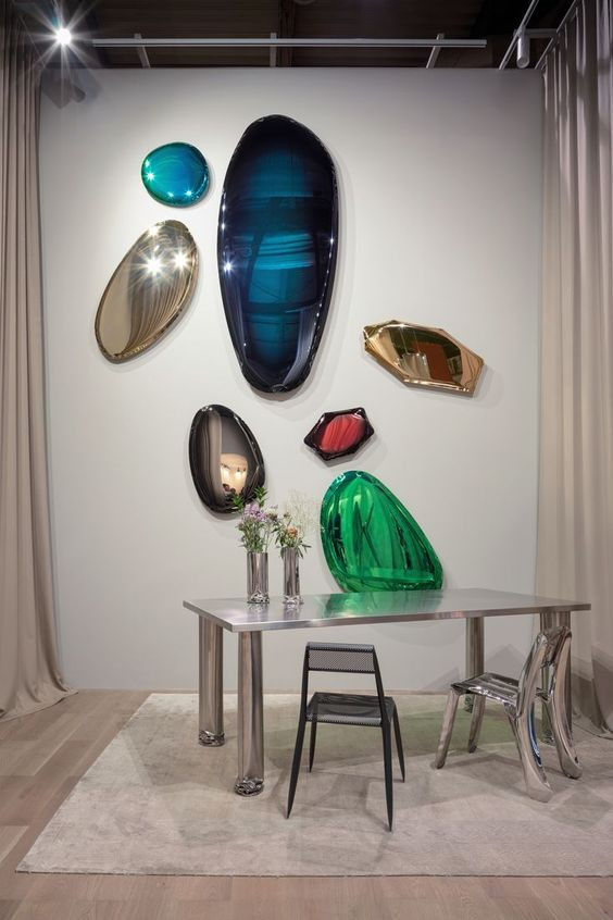Mirrored Stainless Steel Blue-Green Wall Decor Crafted Hotel Showroom Furniture