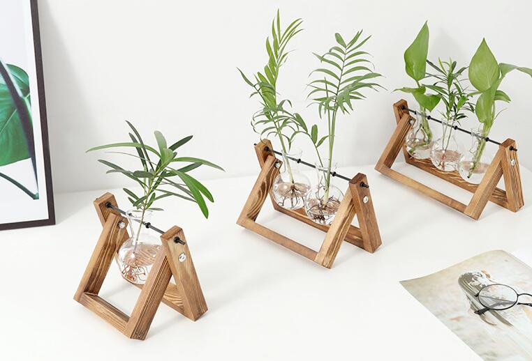 Wholesale Plant Terrarium with Wooden Stand Bulb Glass Vase Retro Tabletop for Hydroponics Home Garden Office Decoration