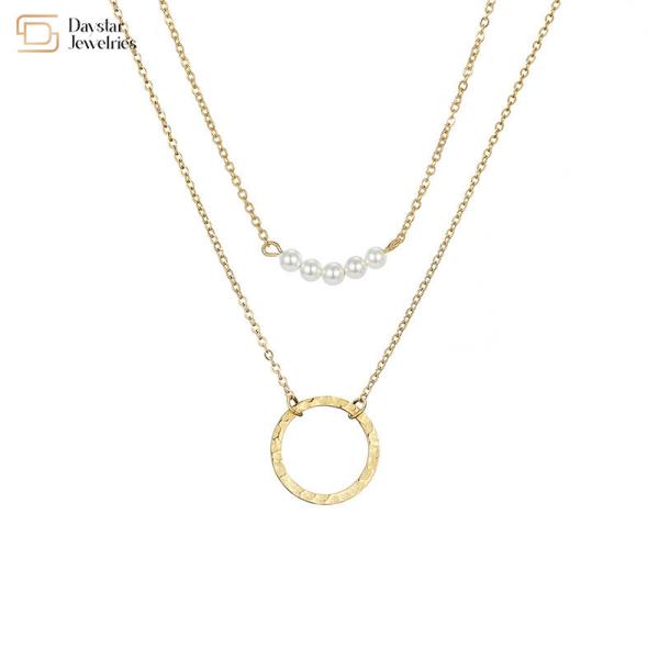 Stainless Steel Simple Layered Necklace Circle Pearl Pendant Clavicle Chain