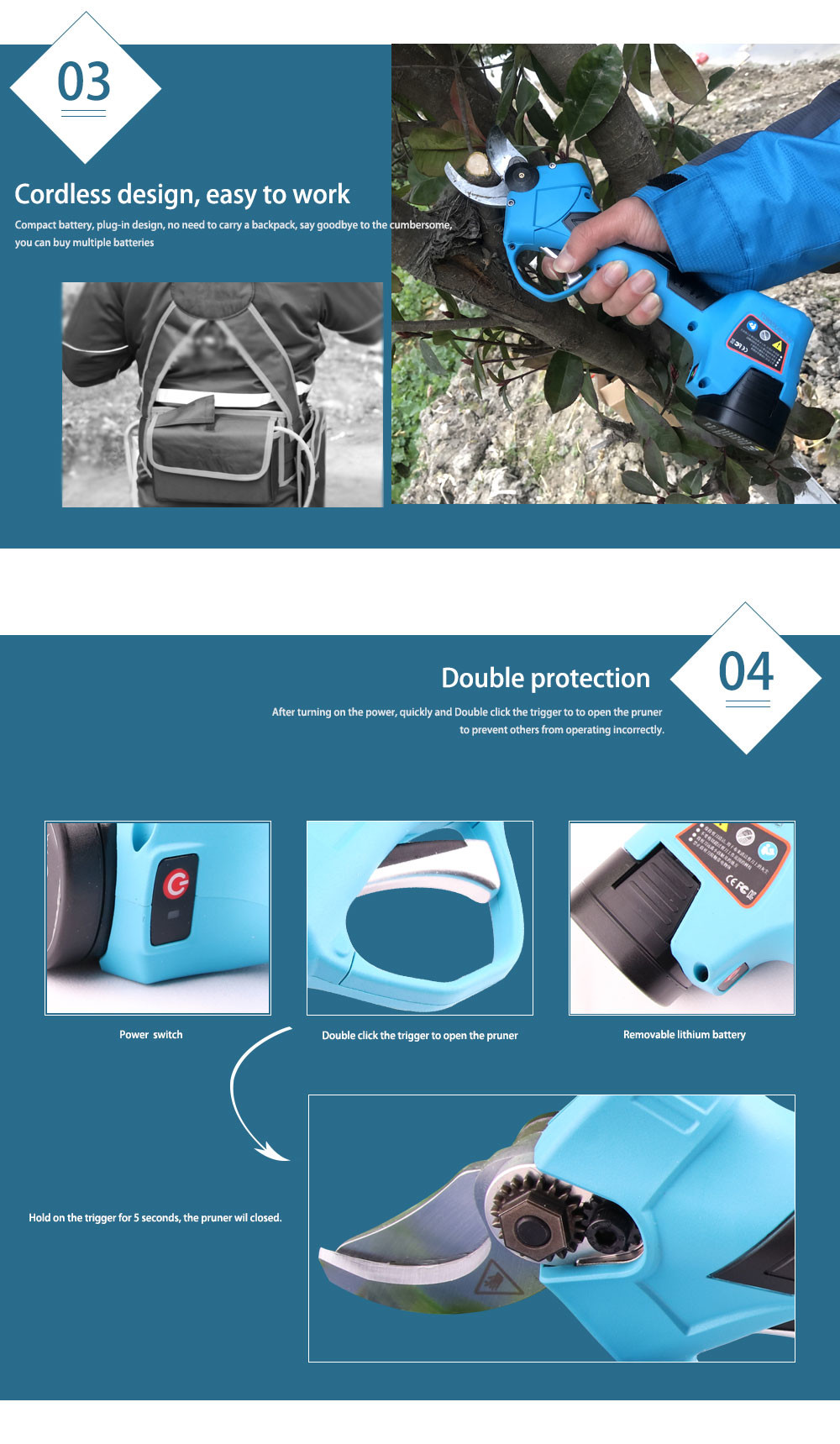 16.8V 2.5CM Battery Orchard Pruer Electric Pruning Scissors Shears with Finger Protection
