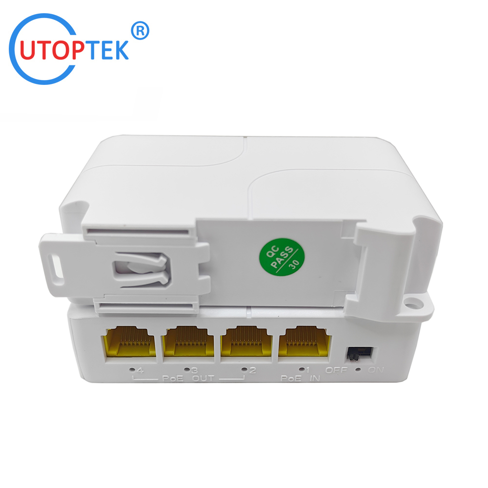 DIN Rail POE Repeater Extender 1In 4Out Hi Power 90W to 4port 30W DC48V IEEE802.3AF/AT/BT for extend distance CCTV IP Network