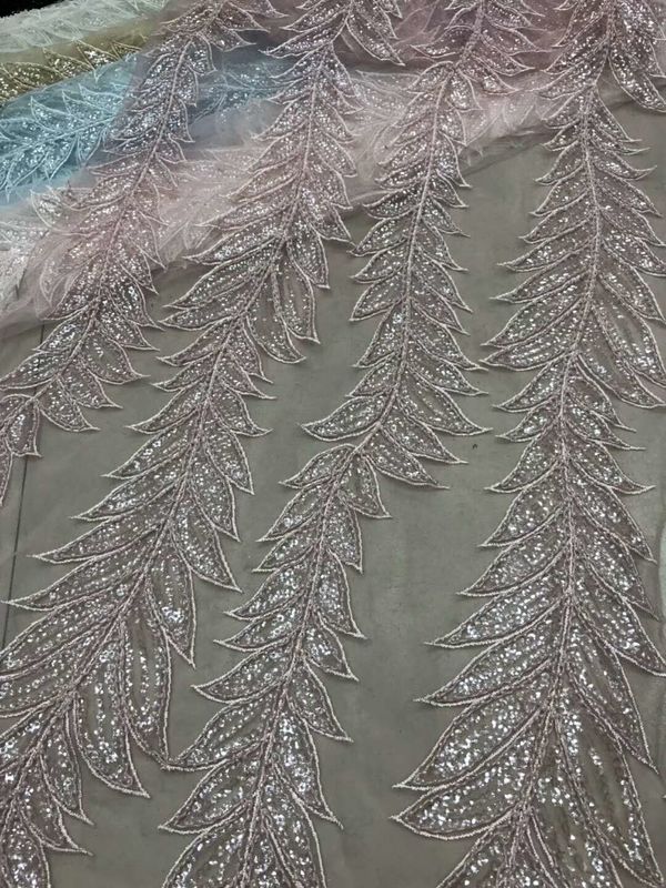 Blue Shiny Embroidered Leaf Lace Fabric With Beads And Sequins 120CM Width