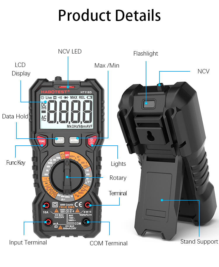 HIgh Accuracy Capacitance Frequency Temperature AC DC 1000V Digital Multimeter with CE