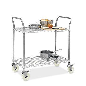 Restaurant Wire Utility Cart , 2 - Layer Wire Mesh Rolling Cart 30"W X 14"D X 38