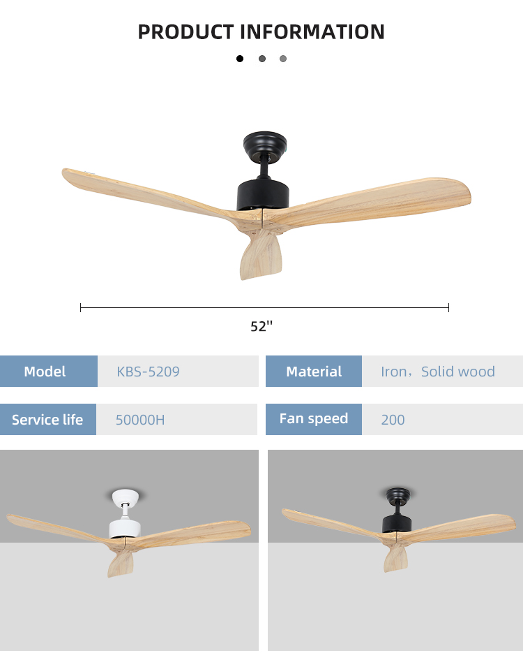 3 Blades 65w Iron Solid Wood Ceiling Fan Light 52Inch Led Indoor Ceiling Fan