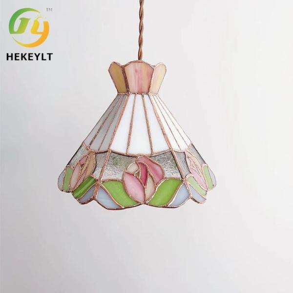 French Retro All Copper Glass Colorful Rose Pendant Light Hallway Dining Room