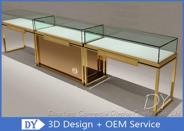 Modern Gold Stain Steel Commercial Jewelry Display Cases With LED Gold + White