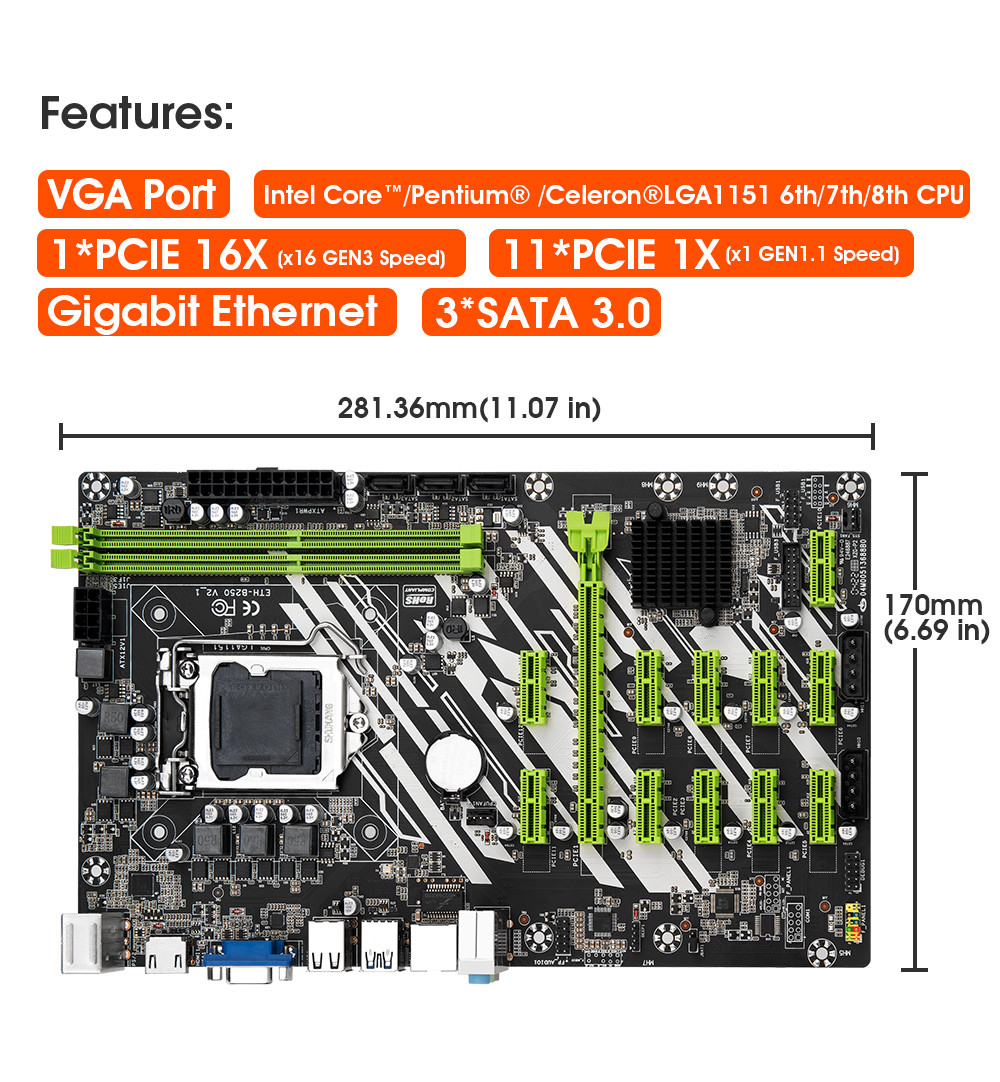 ETH Mining B250 Asic Miner Parts LGA 1151 ETH 12 Gpu Mining Motherboard