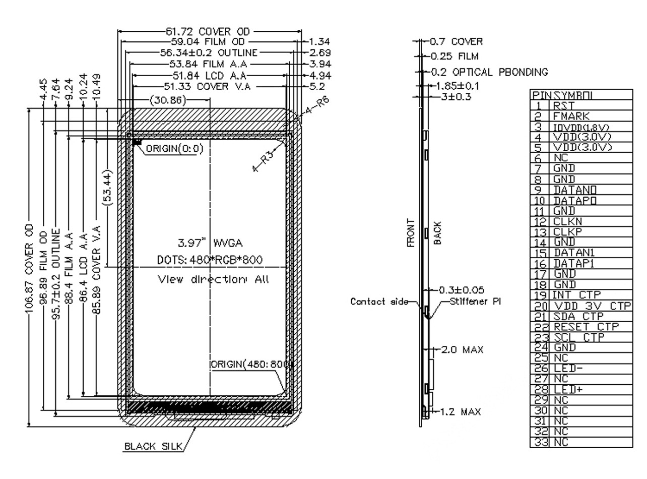 3.97 Inch TFT LCD Touchscreen Display, 700cd/M2 480x800 33 Pins With CTP