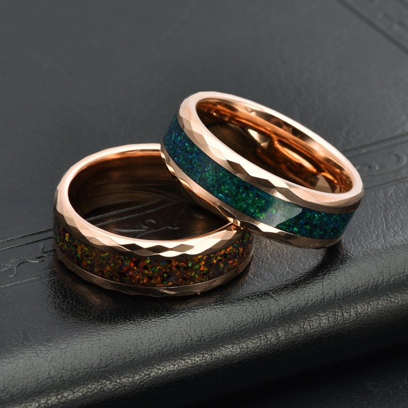8mm Mens Blue Opal Wedding Band Rose Gold Faceted Tungsten Crushed Colorful Opal Inlay Luxury Engagement Promise Ring