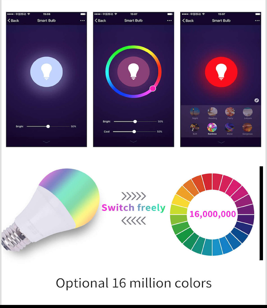Dimmable E26 Smart WiFi LED Bulbs Works with Alexa Google Home 2700K-6500K RGBWW