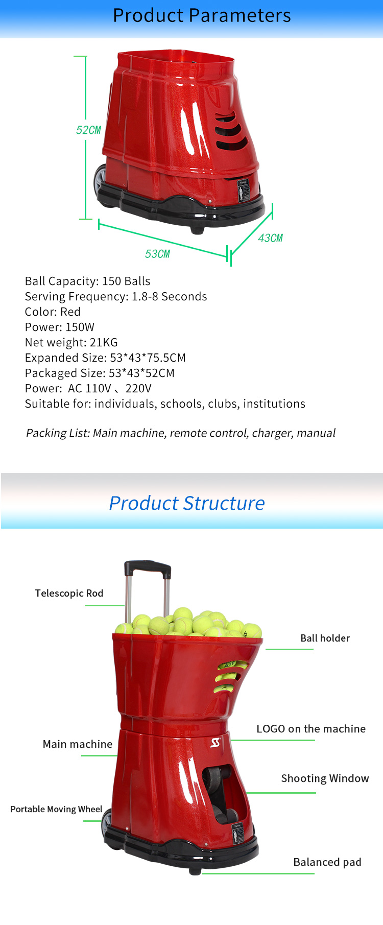S2015 Tennis Ball Machine Server 150 Balls Capacity Topspin adjustment