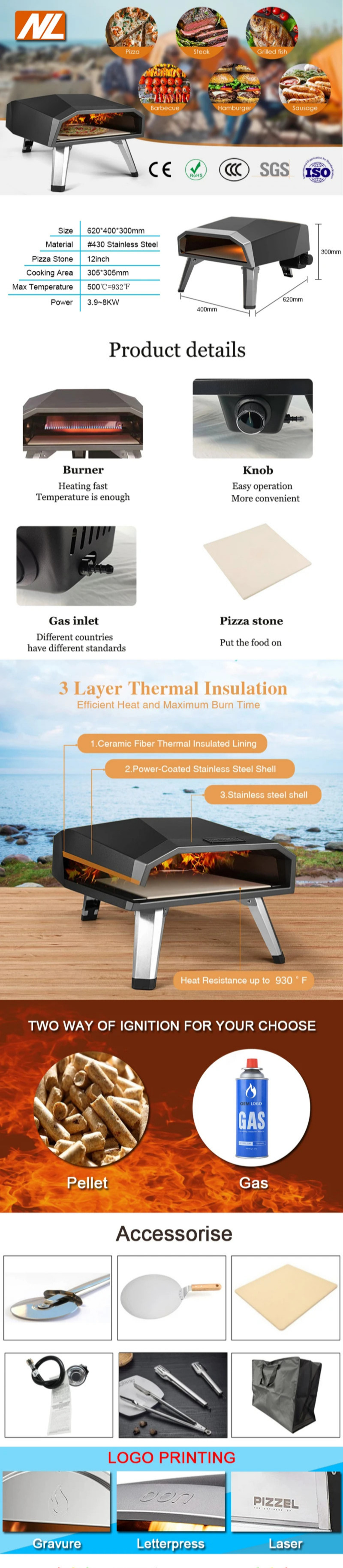 Mechanical Timer Control Portable Gas Burner Small Pizza Maker Oven with 12" Pizza Stone