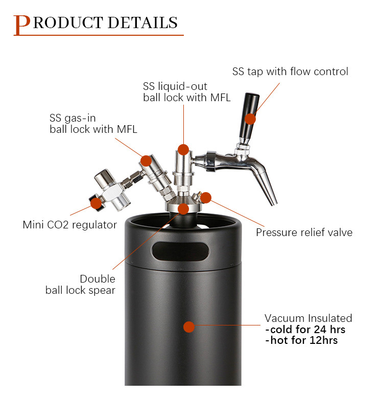 Stainless Steel 304 Ball Lock Mini Keg , 5L Mini Draft Beer Keg Dispenser