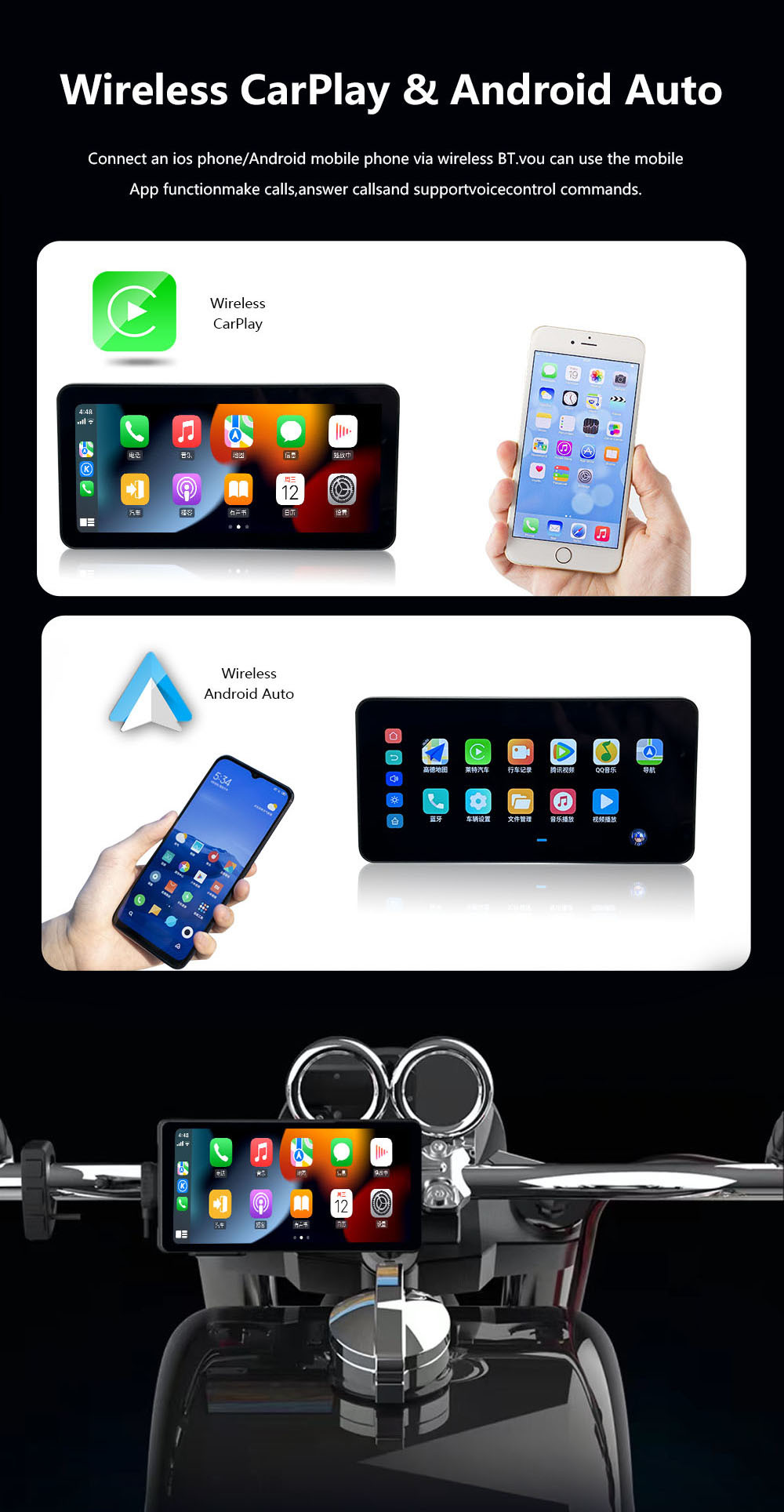 Portable 6.3 Inch Android Motorcycle GPS Navigation CarPlay Android Auto With DVR Supports Radio Function Wireless Motorcycles