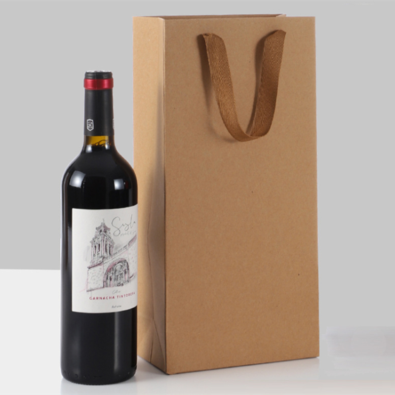 Drawstring Handle Recyclable Paper Kraft Wine Bottle Box Bags Coated Paper