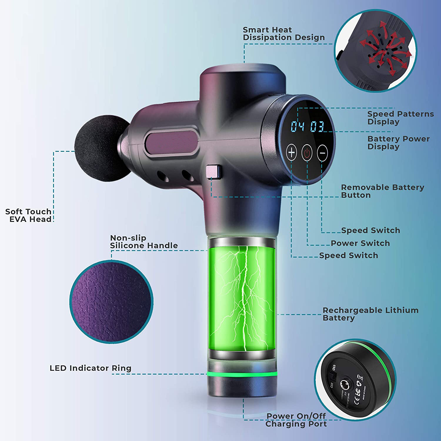 ROHS Brushless Motor Handheld Massager Gun Cordless 30 Speeds LCD Touch Screen