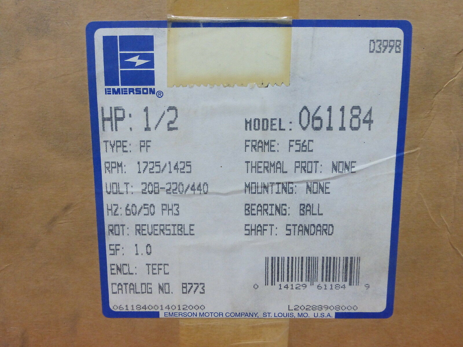 8773 Electric Motor 1HP / 2HP 1725RPM /1425RPM Frame 56C Size 5/8'' Diameter