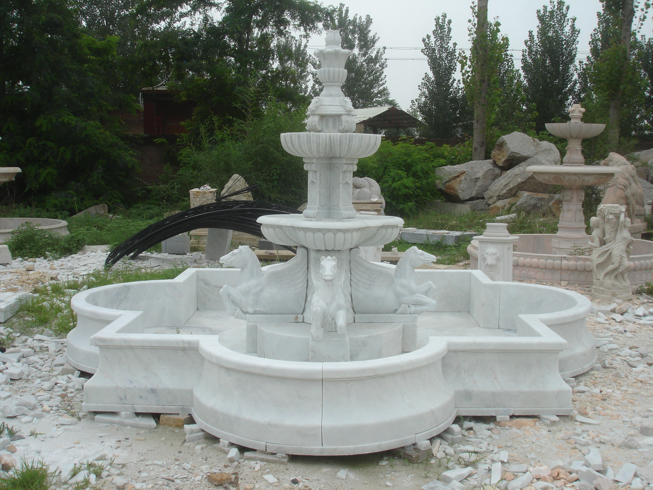 Famous Big 200cm White Marble Sculpture Water Fountain Pool With Horse