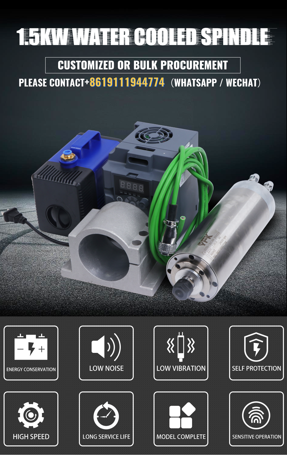 Water Cooled Cnc Router Spindle Motor Kit ER16 80mm 1.5Kw YFK Set with Vfd and Collet