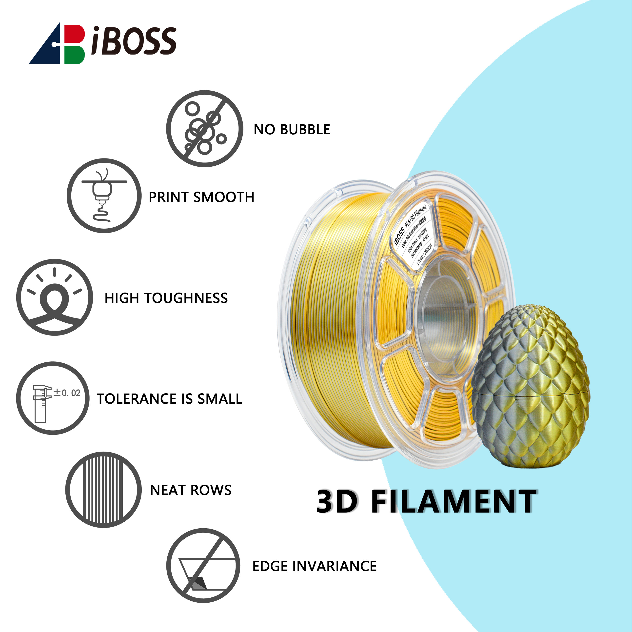 iBOSS High Strength PLA+ Filament Silk Dual Gold Silver 3D Printer Filament 1.75mm