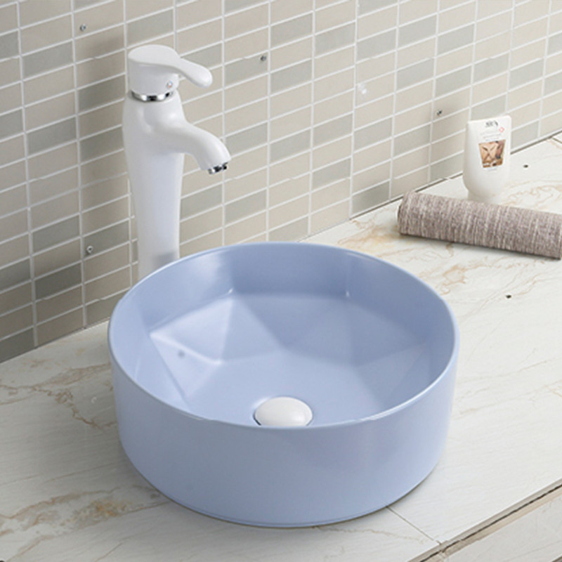 Stain Counter Top Bathroom Sink Scratch-Resistant Blue Round Wash Hand Basin