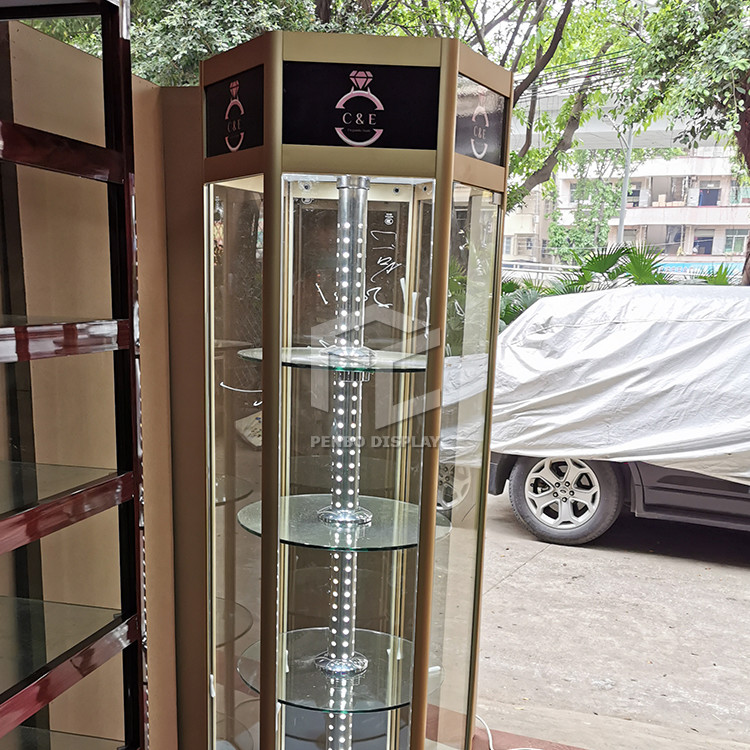 300*300*2000mm Tower Hexagonal Glass Display Showcase Titanium Alloy OEM