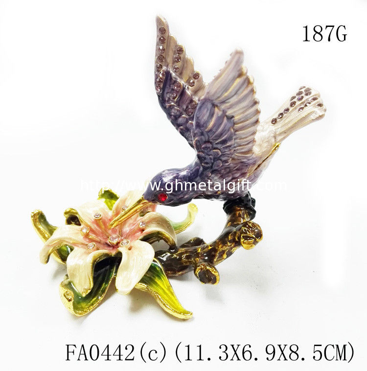 Custom pewter cute bird shape jewelry boxes colorful printed bird hummer jewelry boxes