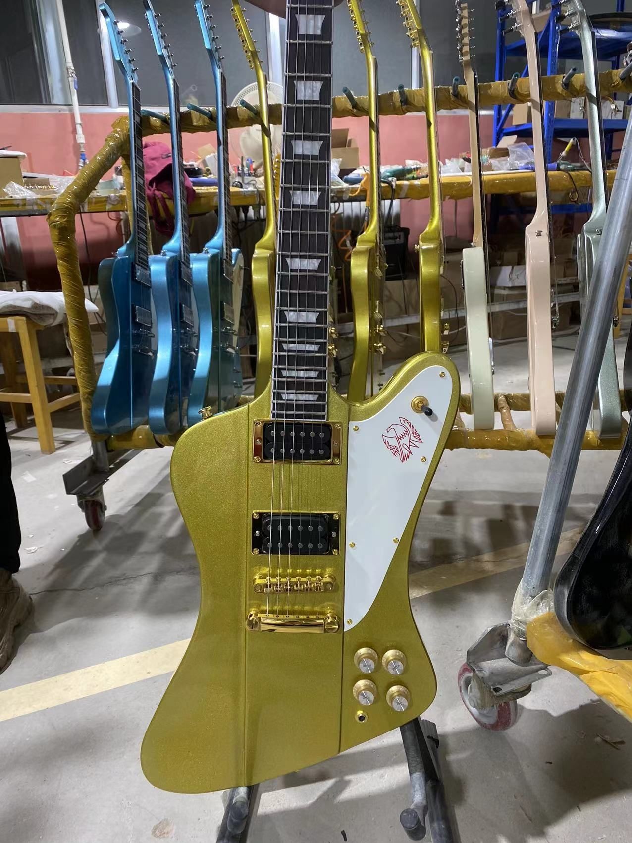 Custom Grand Firebird Style Electric Guitar in Golden Color with Gold Hardware Mahogany Body Rosewood Fingerboard