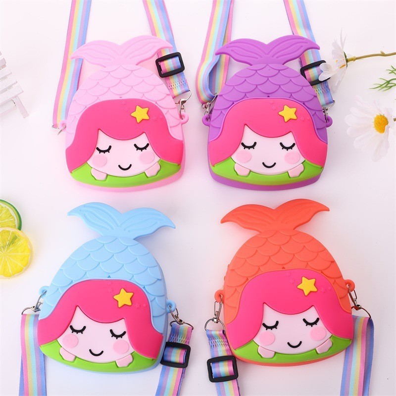 Mermaid Kids Crossbody Bag Coin Purse Silicone Shoulder Bag Handbag With Wide Adjustable Strap Makeup Bag Big Pop Purse