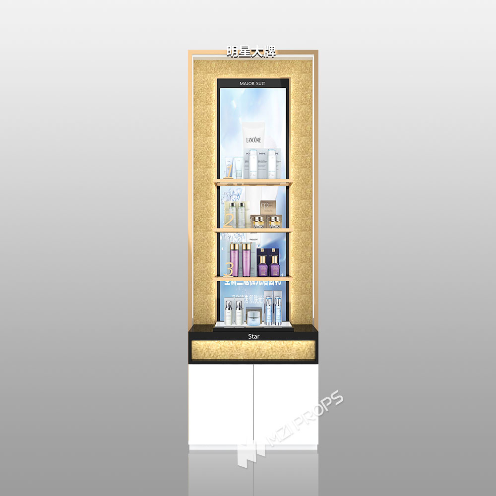 TJiS-B2 Shiny Silver Wallpaper Skincare Display Cabinet with 40mm Light Box