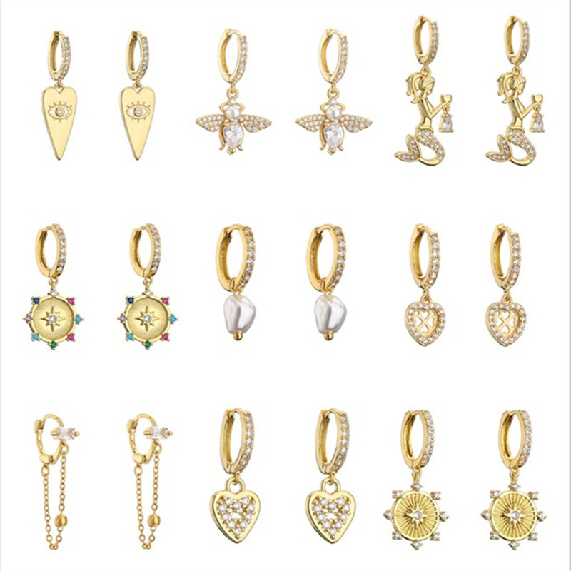 18k Gold Plated Diamond Pendant Earrings Heart Bee Mermaid Zircon Charm