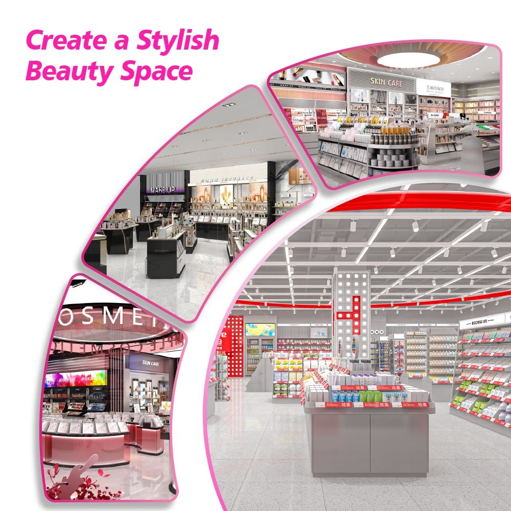 TJiS-B2 Shiny Silver Wallpaper Skincare Display Cabinet with 40mm Light Box