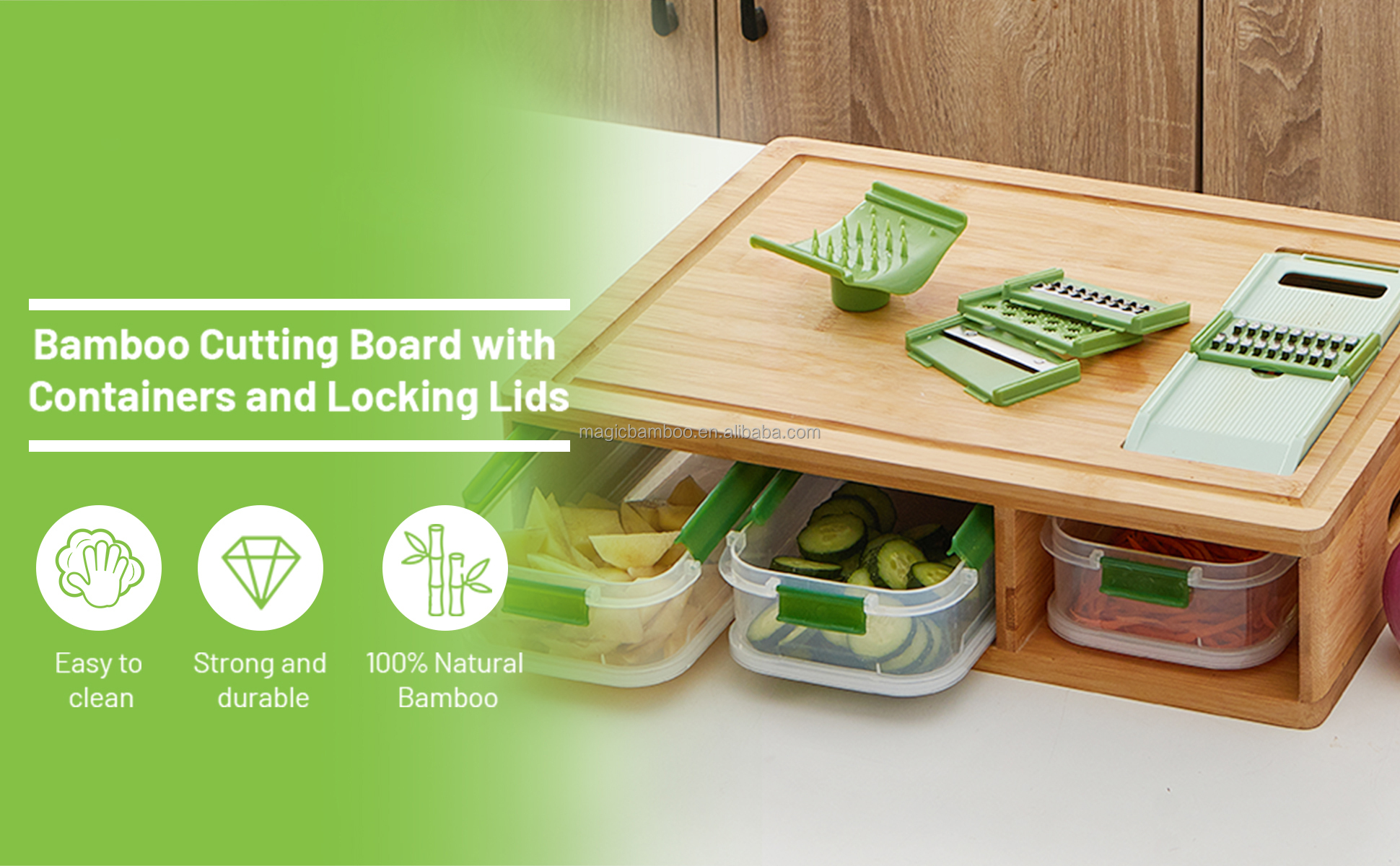 Hotel Bamboo Cutting Board With Containers And Locking Lid And Graters For Home and Bar