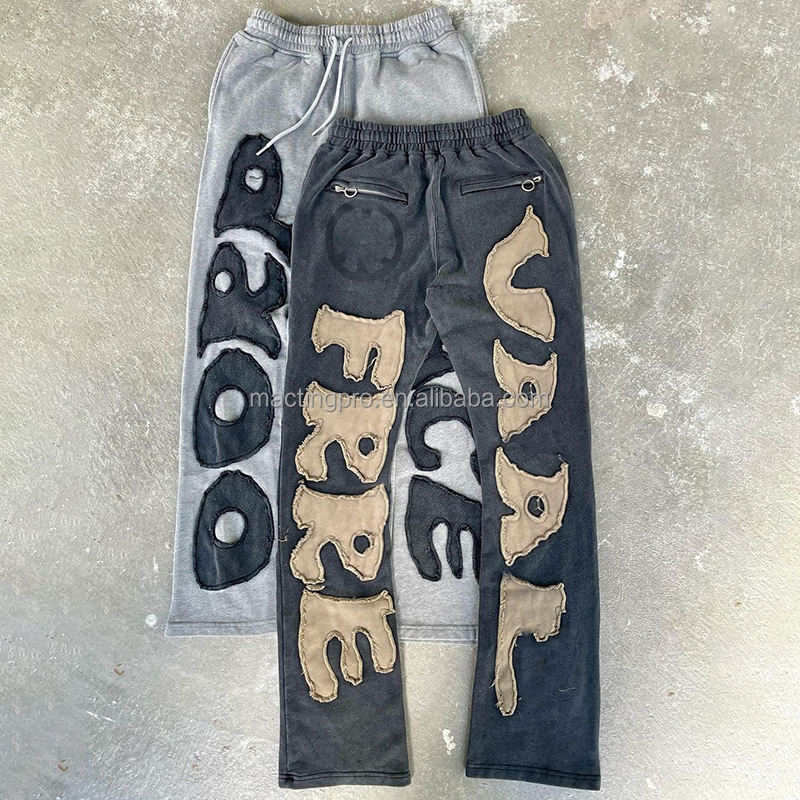 Custom Heavyweight Cotton Distressed Embroidery Patchwork Flared Sweatpants Regular Fit