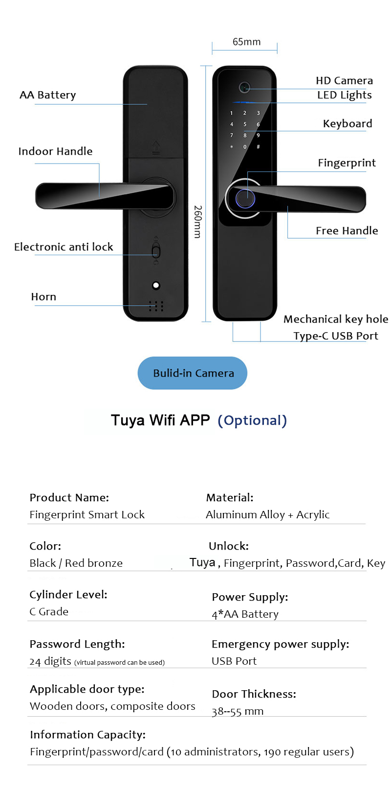 Qleung S802MAX Fingerprint Wifi Tuya App Remote Unlock Card Code Camera Digital Smart Home Door Lock