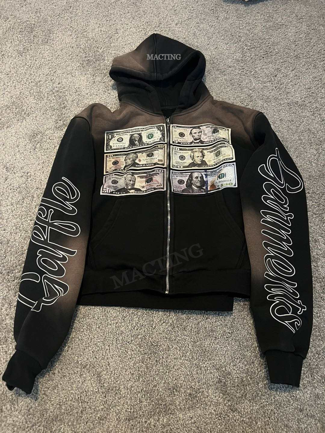 Unisex Distressed Hoodie with Sun Faded Look and Zip Up Closure in Acid Washed Finish