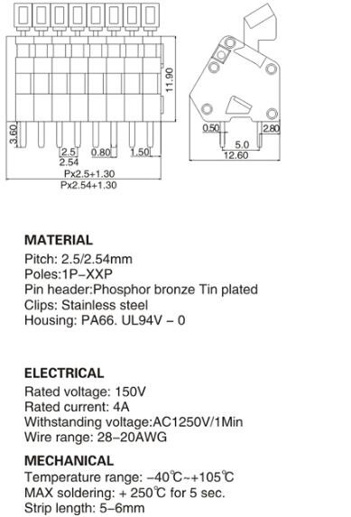 WT240-2.5/2.54 pcb spring type terminal block, spacing 2.5/2.54, factory direct sales