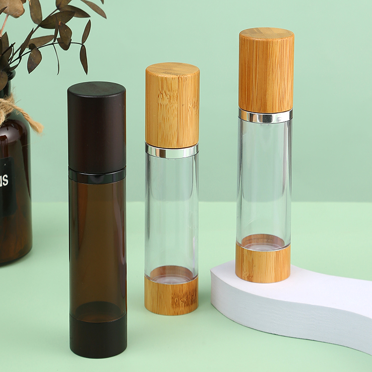 Collar Material AS Senior PAK Custom 15ml 30ml 50ml 80ml 100ml 120ml Serum Round Cylinder Cosmetic Wooden Bamboo Cream Airless Pump Bottle
